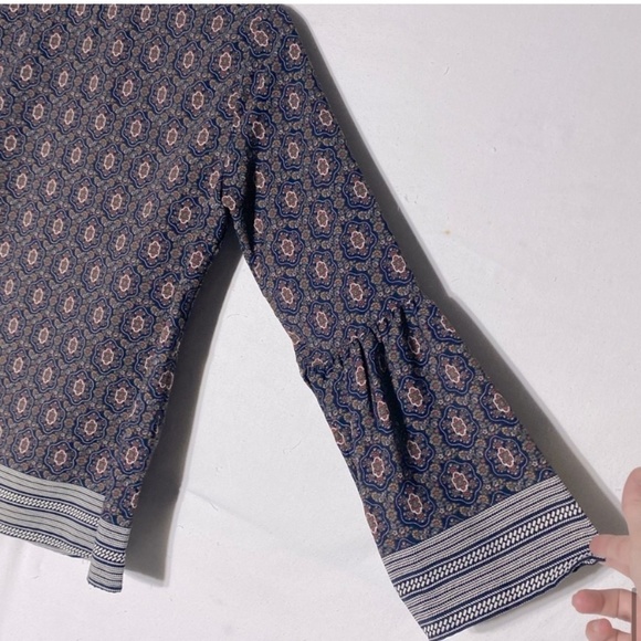 Les Amis Navy Blue Brown Cream Print Long Bell Sleeve Boho Blouse S - Picture 11 of 14